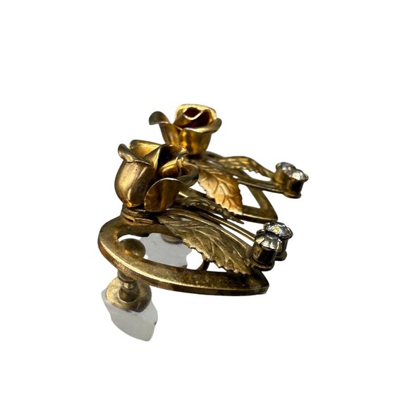 VTG Clear Rhinestone Rose Floral Leaf Screw Back Earrings Romantic Gold Tone - Picture 3 of 4